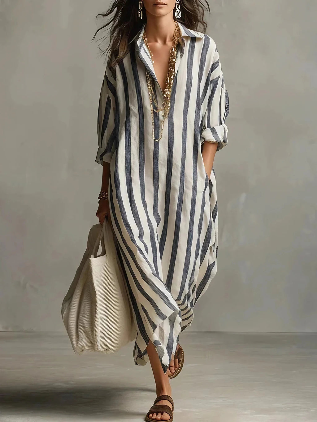 Robe chemise longue rayée femme, coupe ample avec poches, bleu