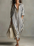 Robe chemise longue rayée femme, coupe ample avec poches, bleu