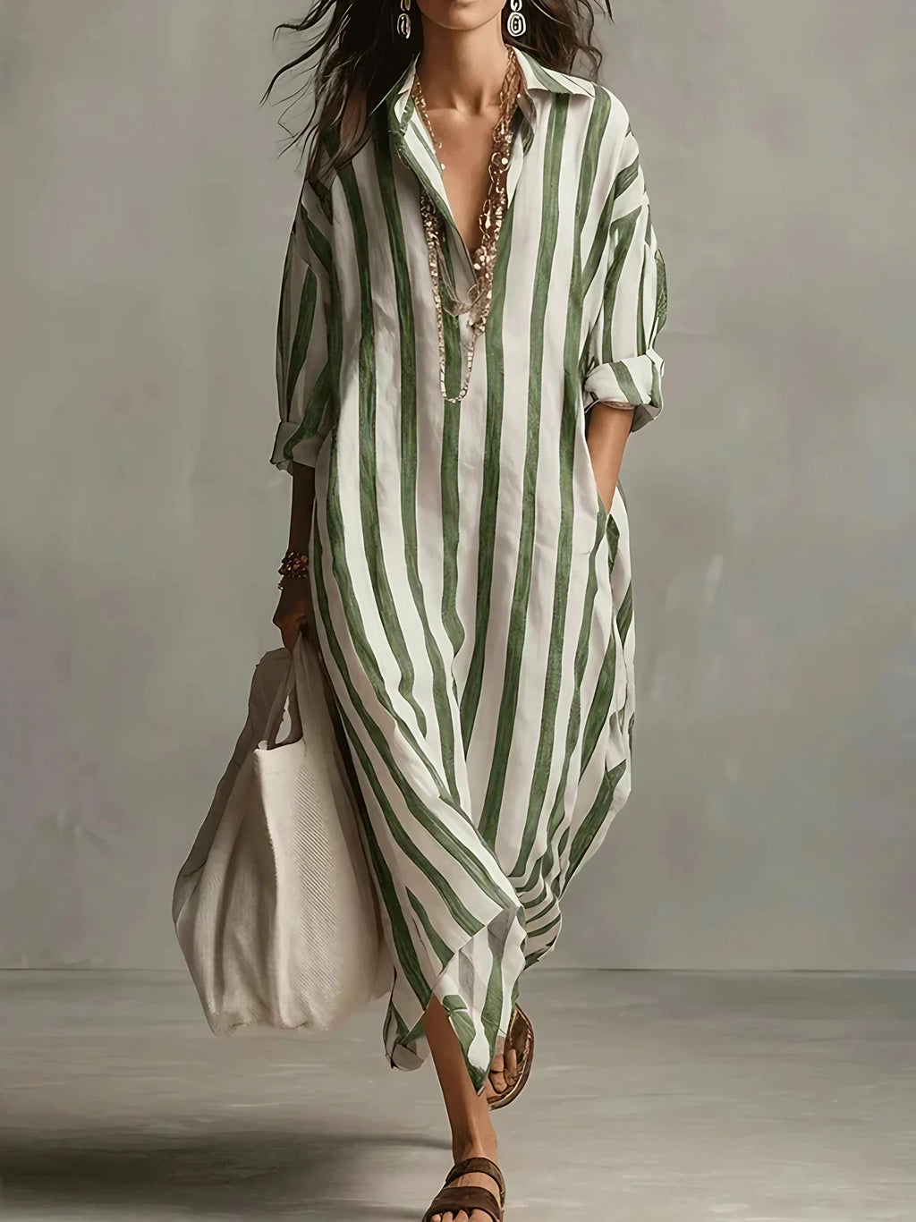 Robe chemise longue rayée femme, coupe ample avec poches, bleu