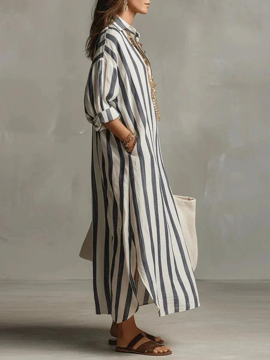 Robe chemise longue rayée femme, coupe ample avec poches