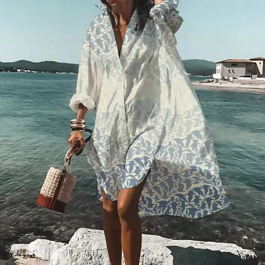 Robe chemise femme boutonnée à manches longues, coupe droite, bleu clair