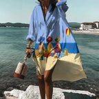 Robe chemise femme boutonnée à manches longues, coupe droite, bleu