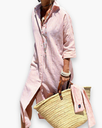 Robe chemise longue à rayures, coupe fluide, trois coloris, rose