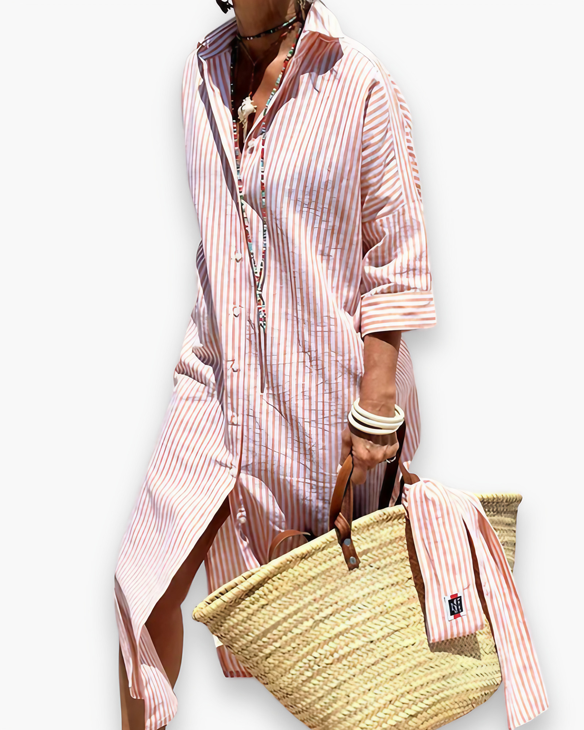 Robe chemise longue à rayures, coupe fluide, trois coloris, rose
