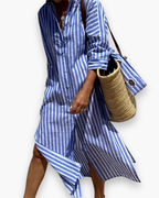 Robe chemise longue à rayures, coupe fluide, trois coloris, bleu