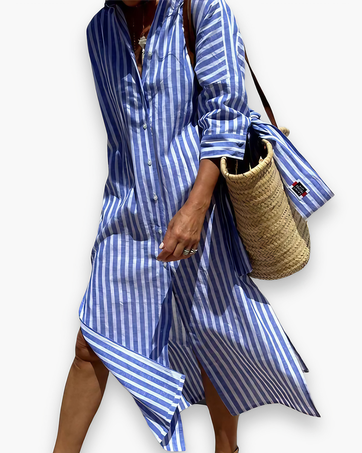 Robe chemise longue à rayures, coupe fluide, trois coloris, bleu