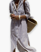 Robe chemise longue à rayures, coupe fluide, trois coloris, violet