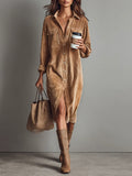 Robe chemise midi femme à manches longues, trois coloris, camel