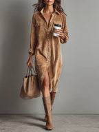 Robe chemise midi femme à manches longues, trois coloris, camel
