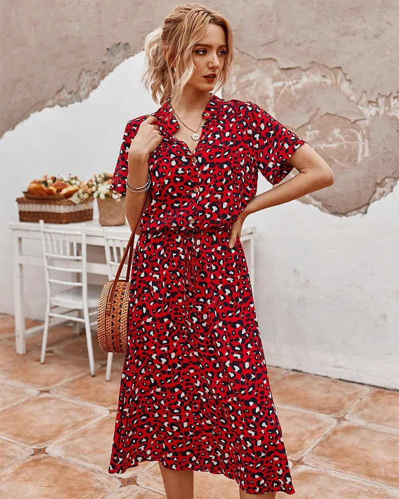 Robe chemise midi femme, coupe fluide, huit coloris, rouge