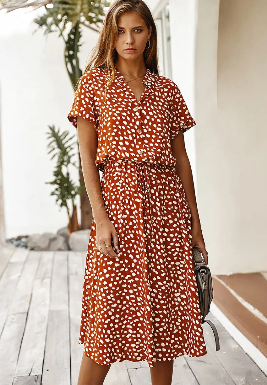 Robe chemise midi femme, coupe fluide, huit coloris, orange