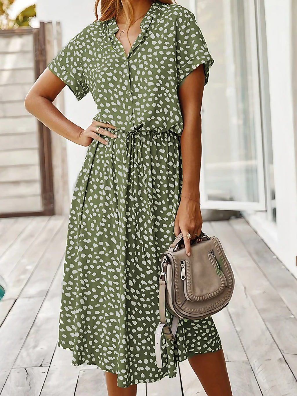 Robe chemise midi femme, coupe fluide, huit coloris, vert