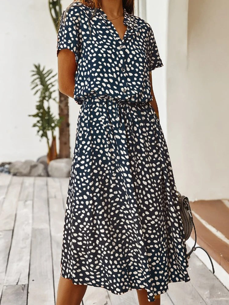Robe chemise midi femme, coupe fluide, huit coloris, bleu marine