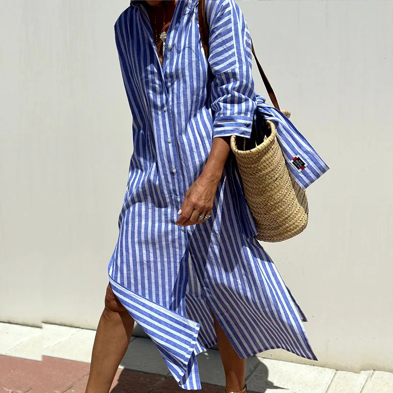 Robe chemise rayée femme pour l'été, du S au XL, bleu