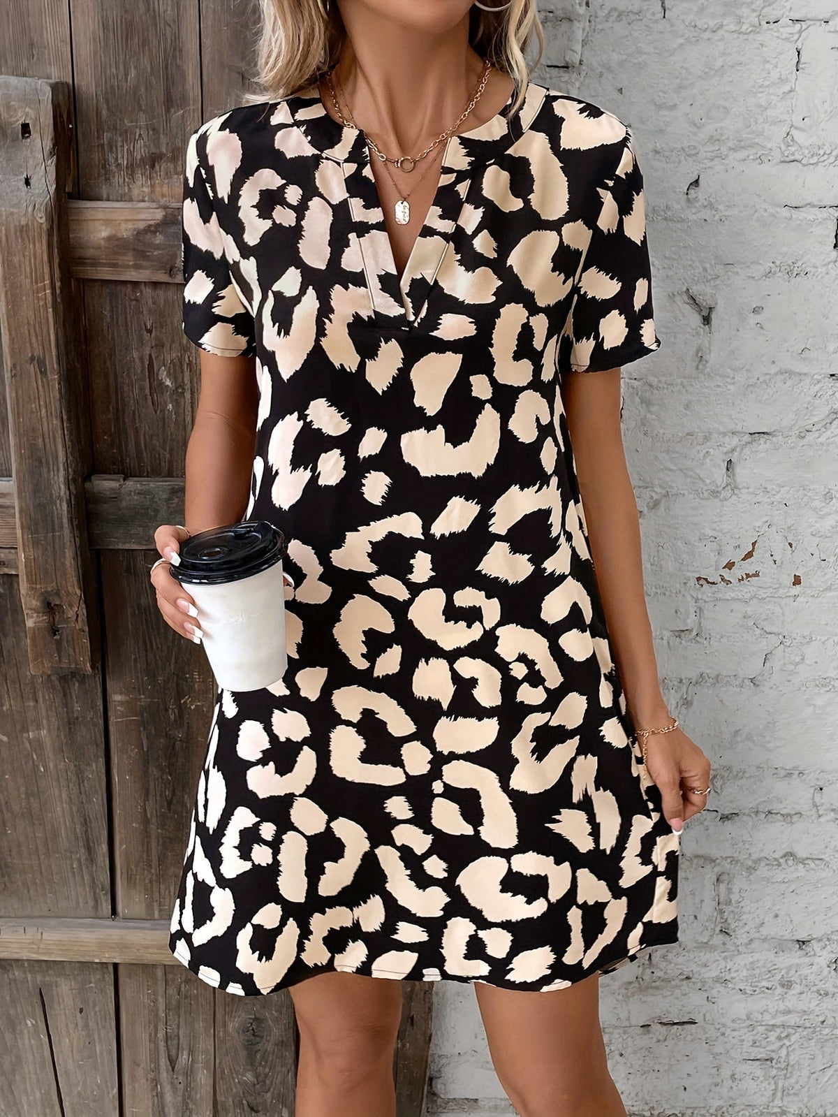 Robe imprimé léopard col V à manches courtes, du S au XL, noir