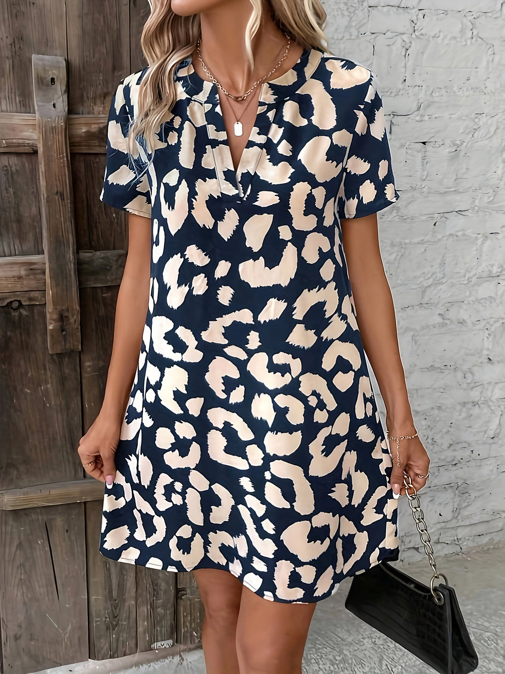 Robe imprimé léopard col V à manches courtes, du S au XL, bleu roi