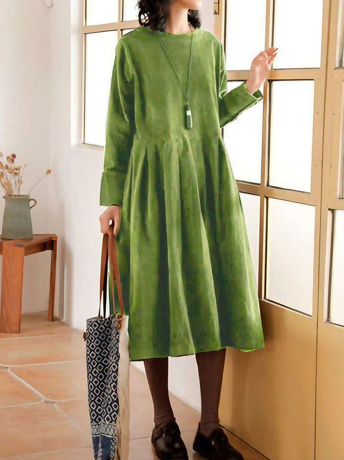 Robe d'été femme coupe ample, manches courtes, trois coloris, vert