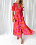 Robe femme col V à manches bouffantes, coupe fluide, rose, rose