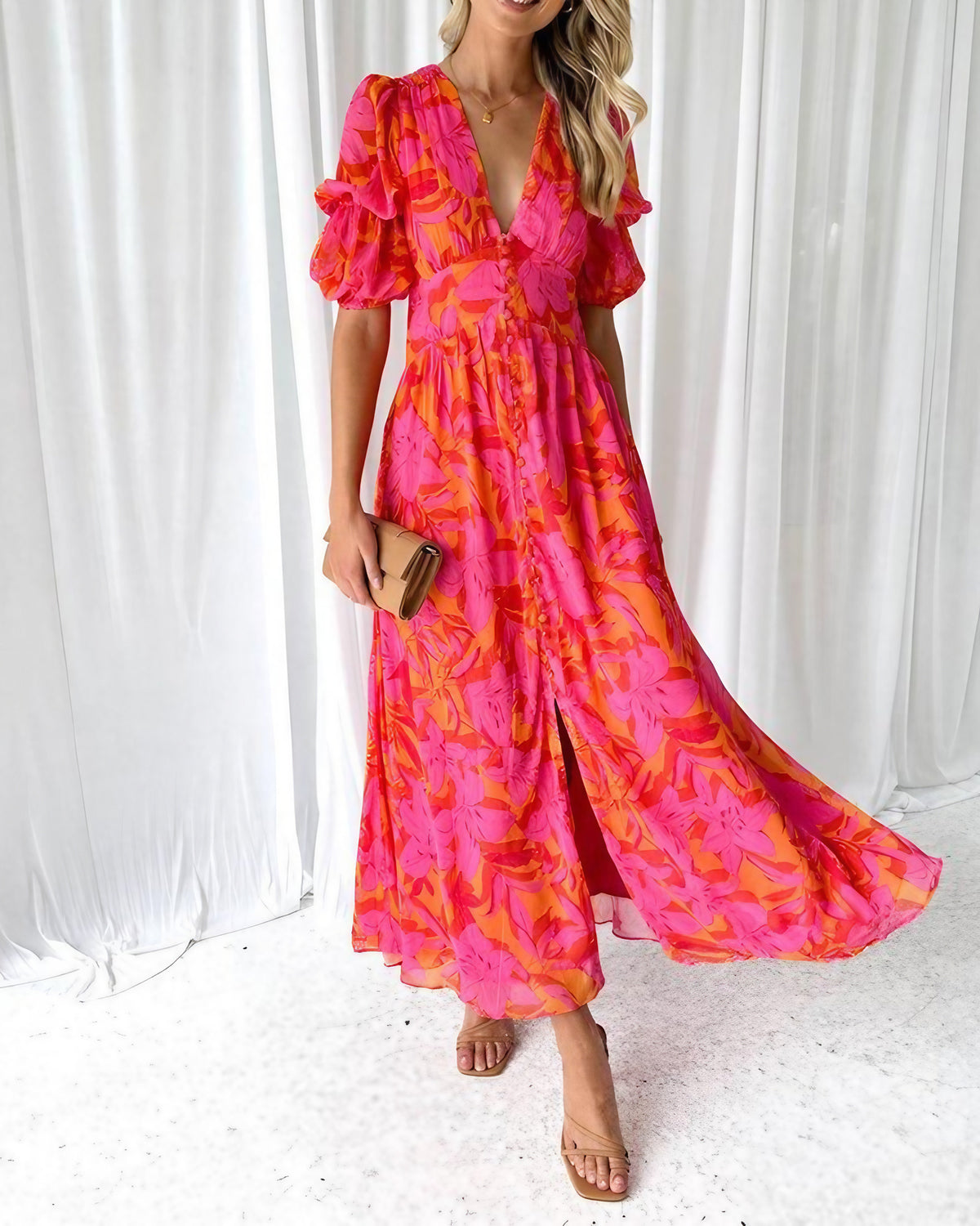 Robe femme col V à manches bouffantes, coupe fluide, rose, rose