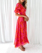 Robe femme col V à manches bouffantes, coupe fluide, rose