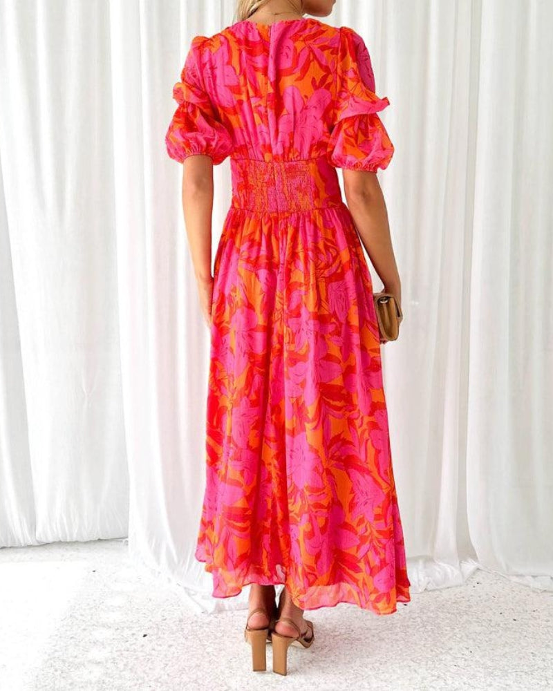 Robe femme col V à manches bouffantes, coupe fluide, rose