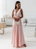 Robe cocktail col V à plis, taille marquée, du S au 2XL, rose clair