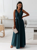 Robe cocktail col V à plis, taille marquée, du S au 2XL, vert foncé