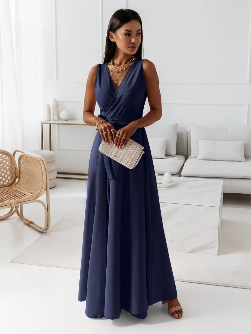 Robe cocktail col V à plis, taille marquée, du S au 2XL, bleu marine
