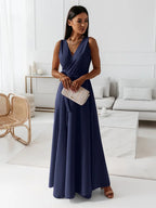 Robe cocktail col V à plis, taille marquée, du S au 2XL, bleu marine