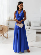 Robe cocktail col V à plis, taille marquée, du S au 2XL, bleu