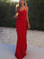 Robe longue à volants femme, rouge ou noire, du S au XL