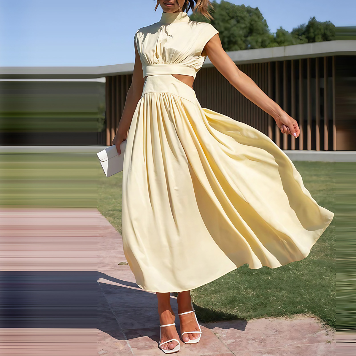 Robe cocktail femme extensible, cinq coloris, du S au XL, jaune