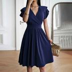 Robe trapèze col V à manches courtes, unie, du S au XL, bleu marine