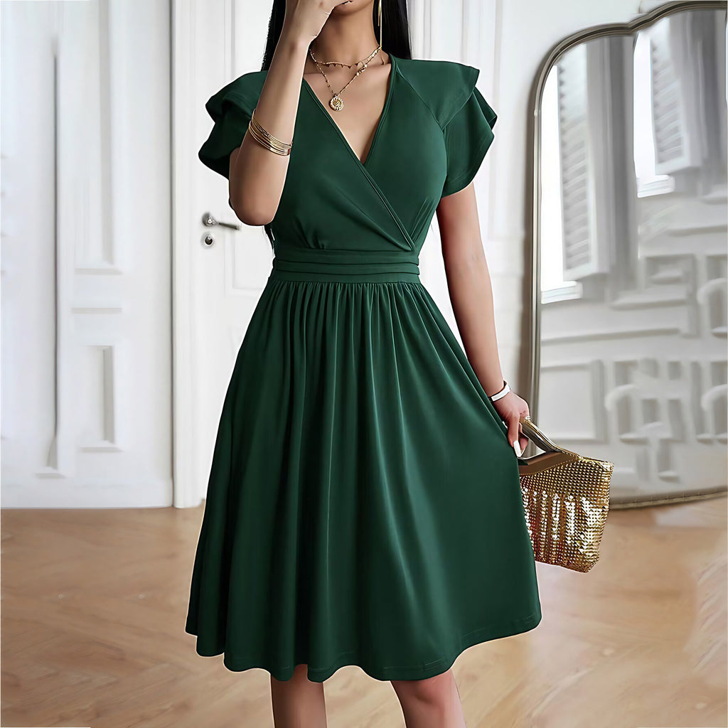 Robe trapèze col V à manches courtes, unie, du S au XL, vert foncé