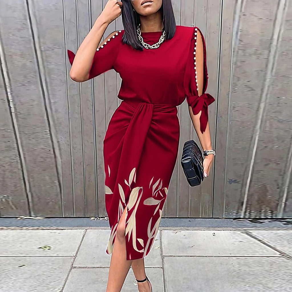 Robe de cocktail fleurie femme, manches courtes, du S au 3XL, bordeaux