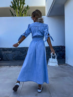Robe mi-longue femme col V, coloris bleu jean, du S au 2XL