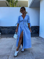 Robe mi-longue femme col V, coloris bleu jean, du S au 2XL