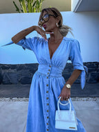 Robe mi-longue femme col V, coloris bleu jean, du S au 2XL