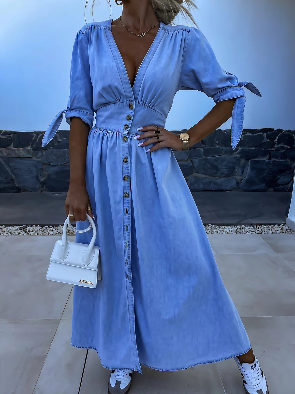 Robe mi-longue femme col V, coloris bleu jean, du S au 2XL, bleu jean