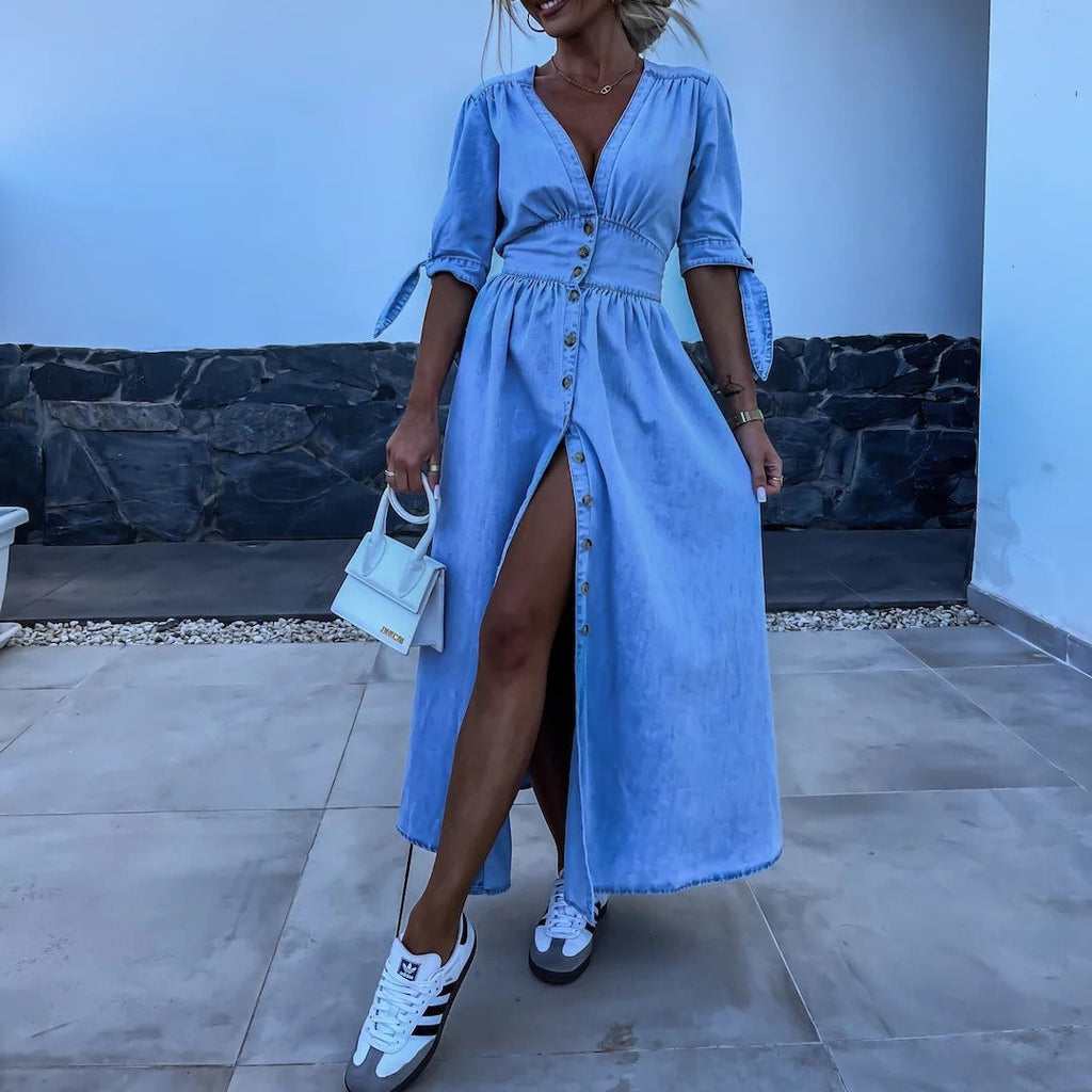 Robe mi-longue femme col V, coloris bleu jean, du S au 2XL