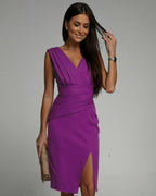 Robe de cocktail midi sans manches, décolleté en V, fente latérale, violet