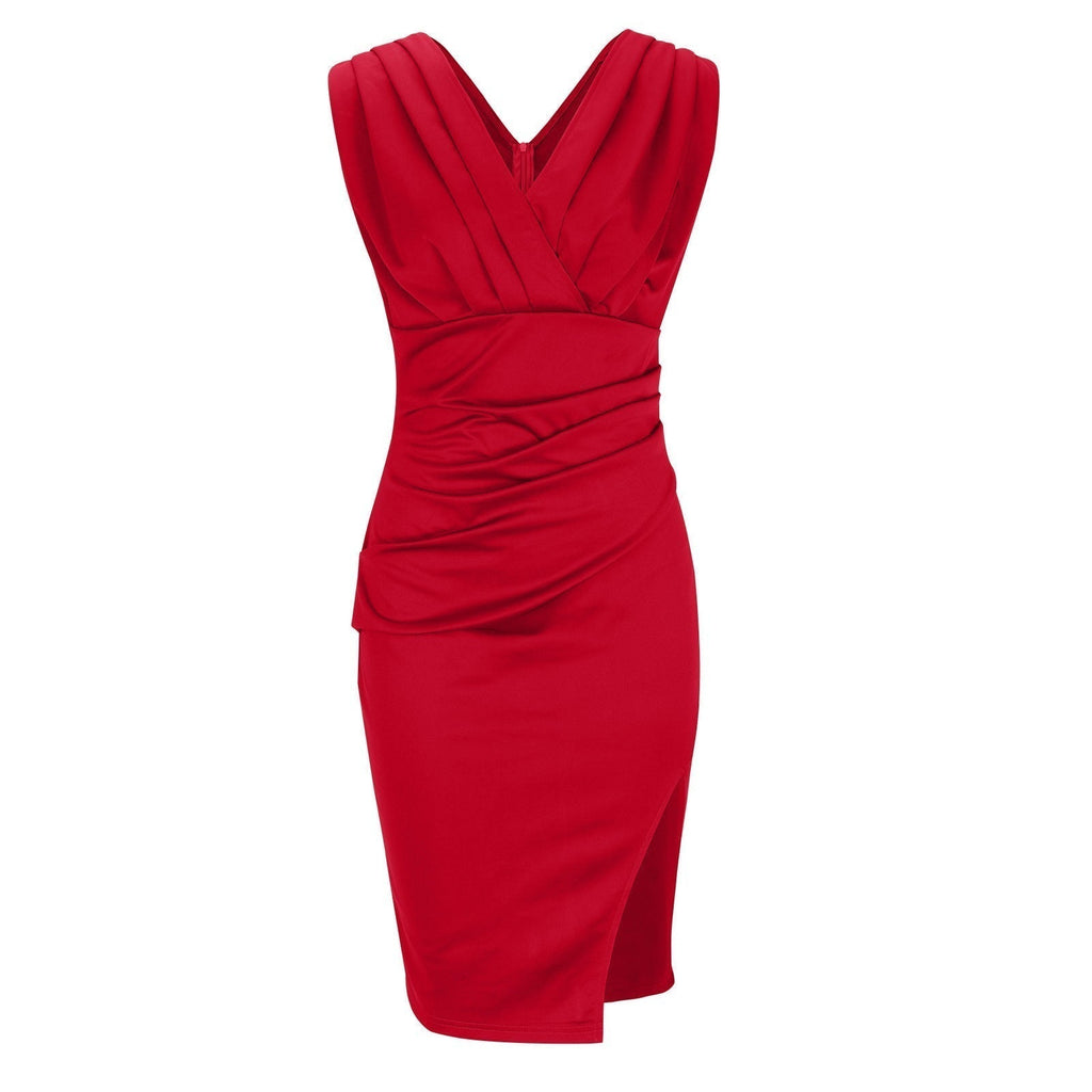 Robe de cocktail midi sans manches, décolleté en V, fente latérale