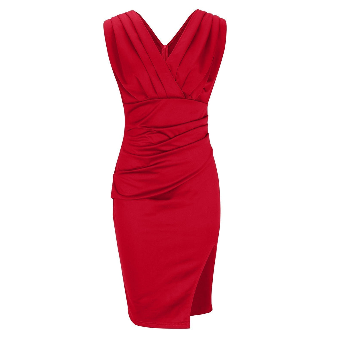 Robe de cocktail midi sans manches, décolleté en V, fente latérale