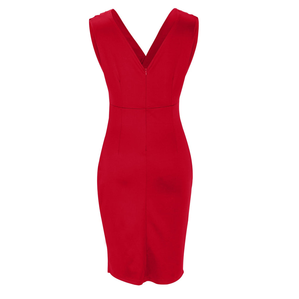Robe de cocktail midi sans manches, décolleté en V, fente latérale