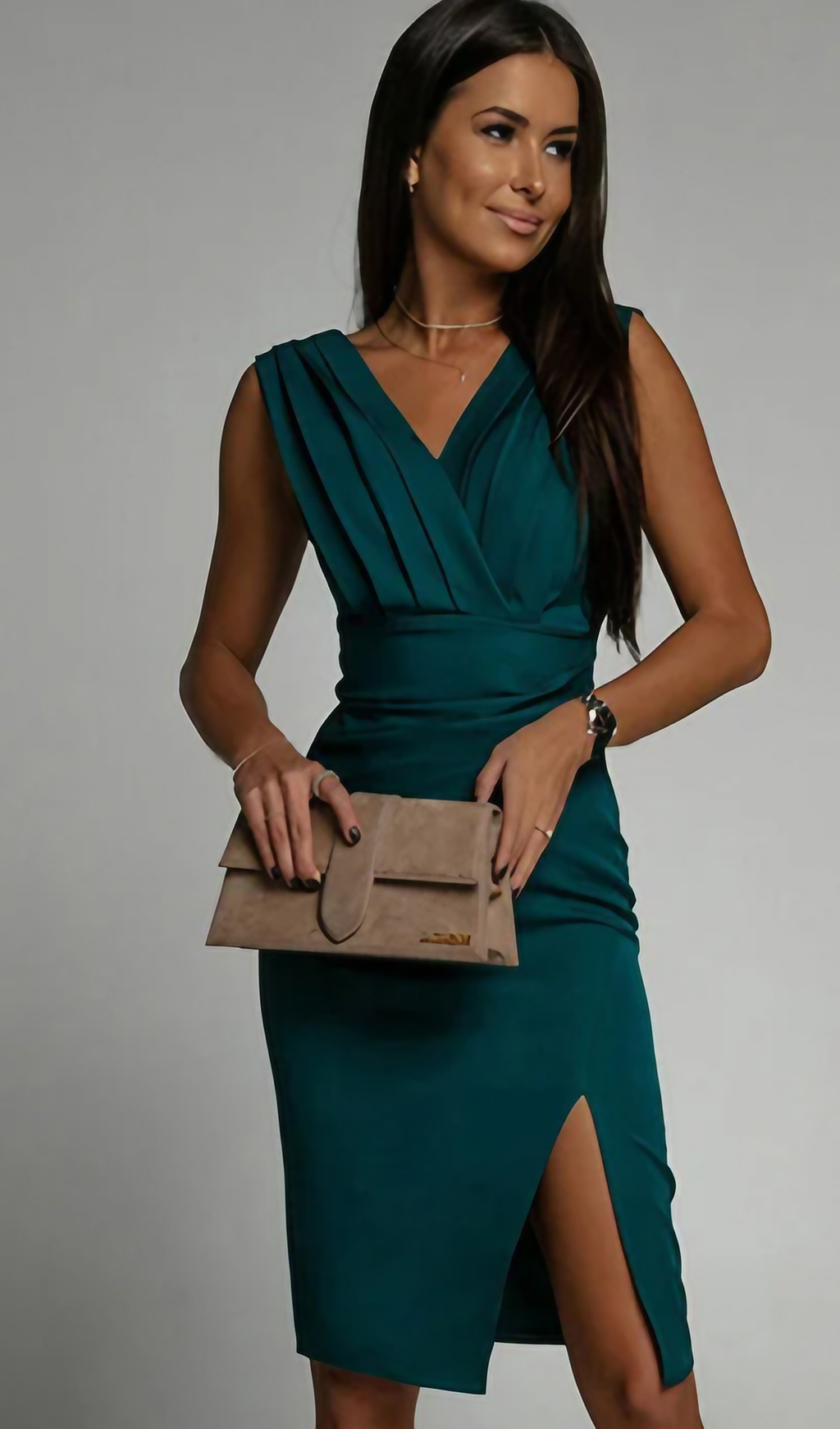 Robe de cocktail midi sans manches, décolleté en V, fente latérale, vert