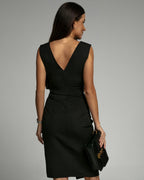 Robe de cocktail midi sans manches, décolleté en V, fente latérale