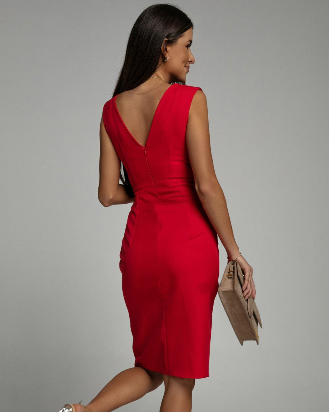 Robe de cocktail midi sans manches, décolleté en V, fente latérale