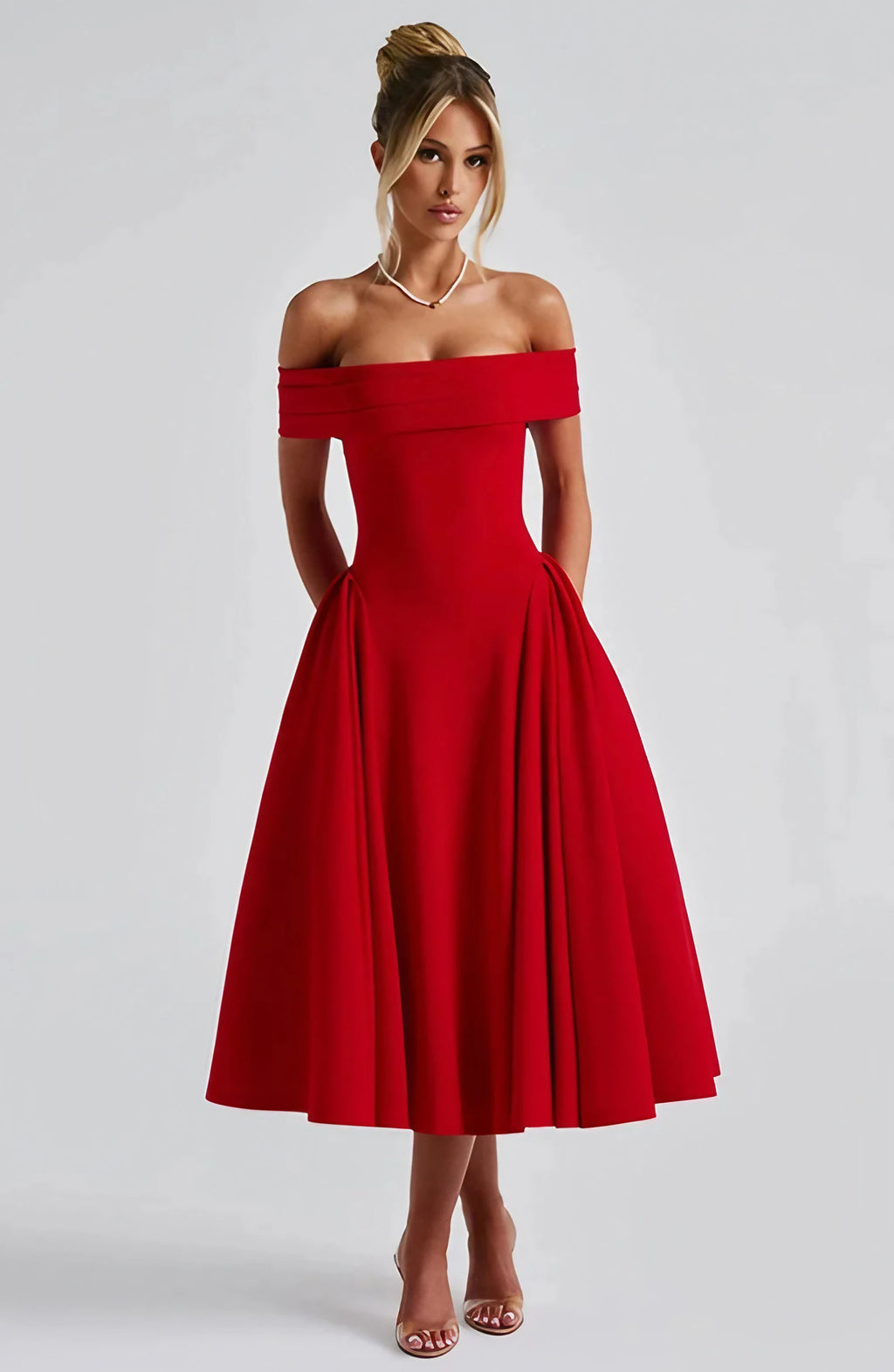 Robe de cocktail midi femme, col bardot et jupe évasée