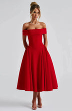 Robe de cocktail midi femme, col bardot et jupe évasée