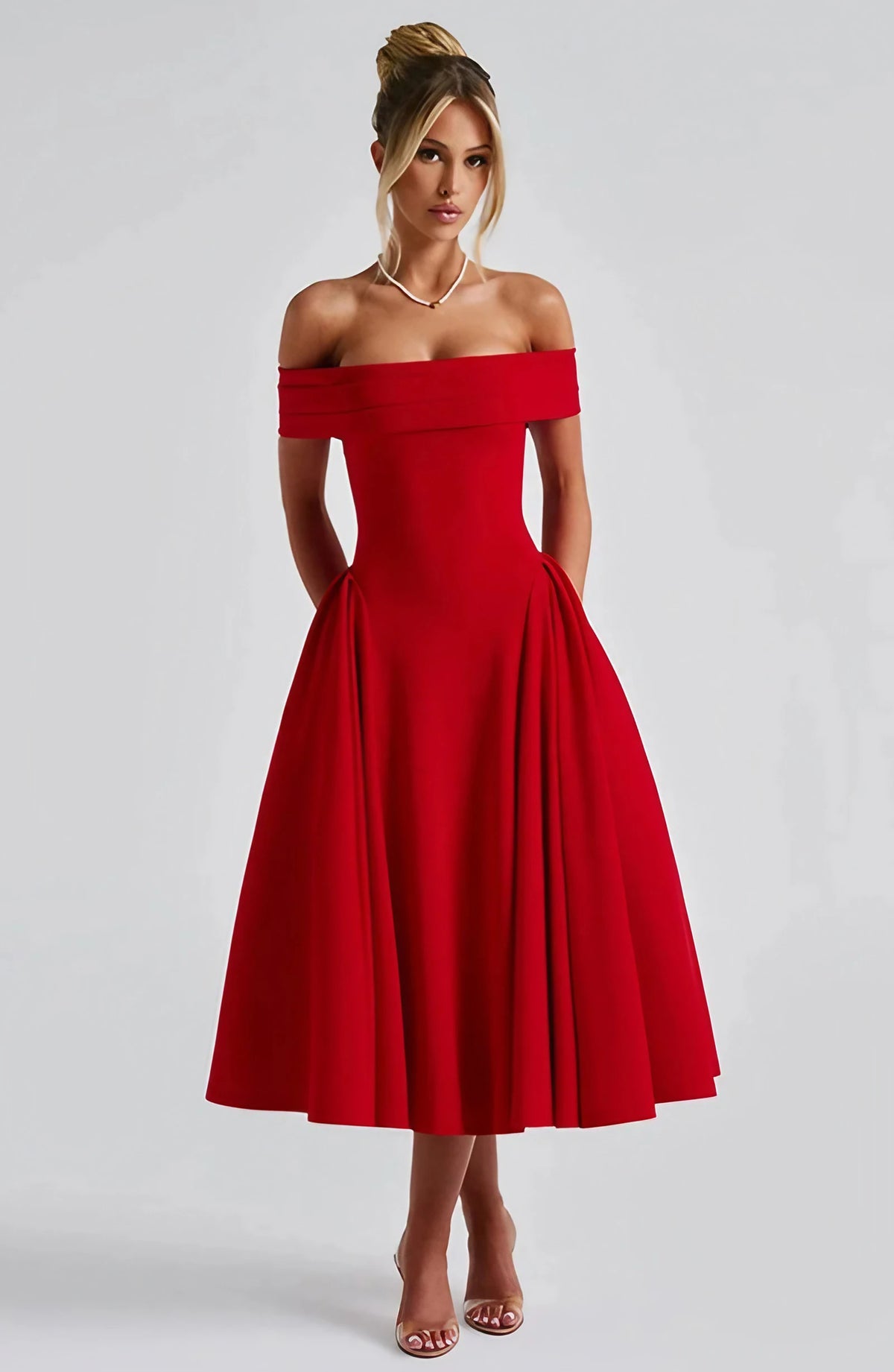 Robe de cocktail midi femme, col bardot et jupe évasée